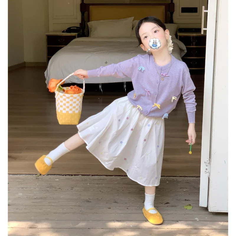 

Spring girls' purple knitted cardigan children's stylish sweater embroidered skirt set trendy