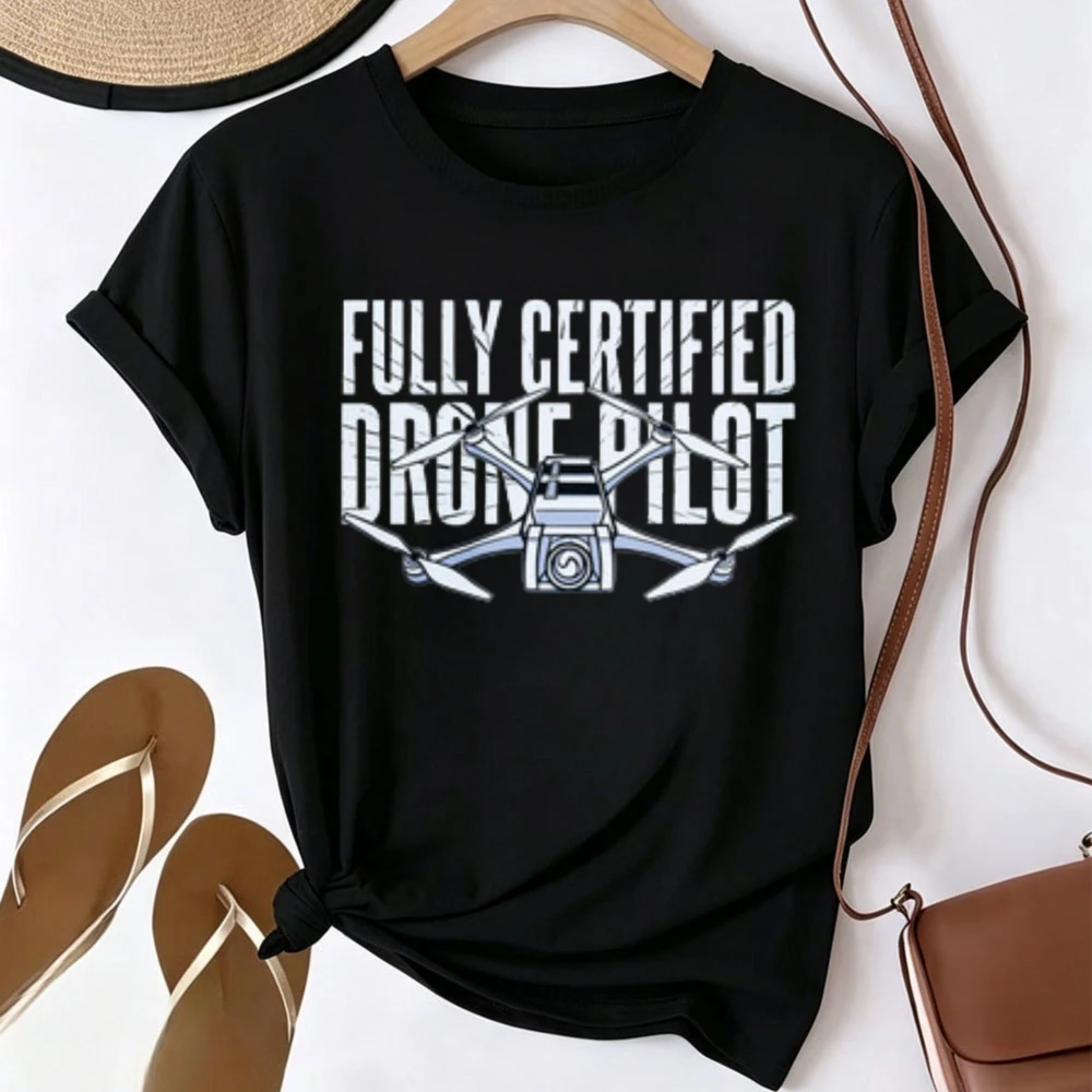 Fully Certified Drone Pilot Graphic T Shirt Quadcopter Camera Drone Distressed Text Print Casual Short Sleeve Tee Funny Aerial