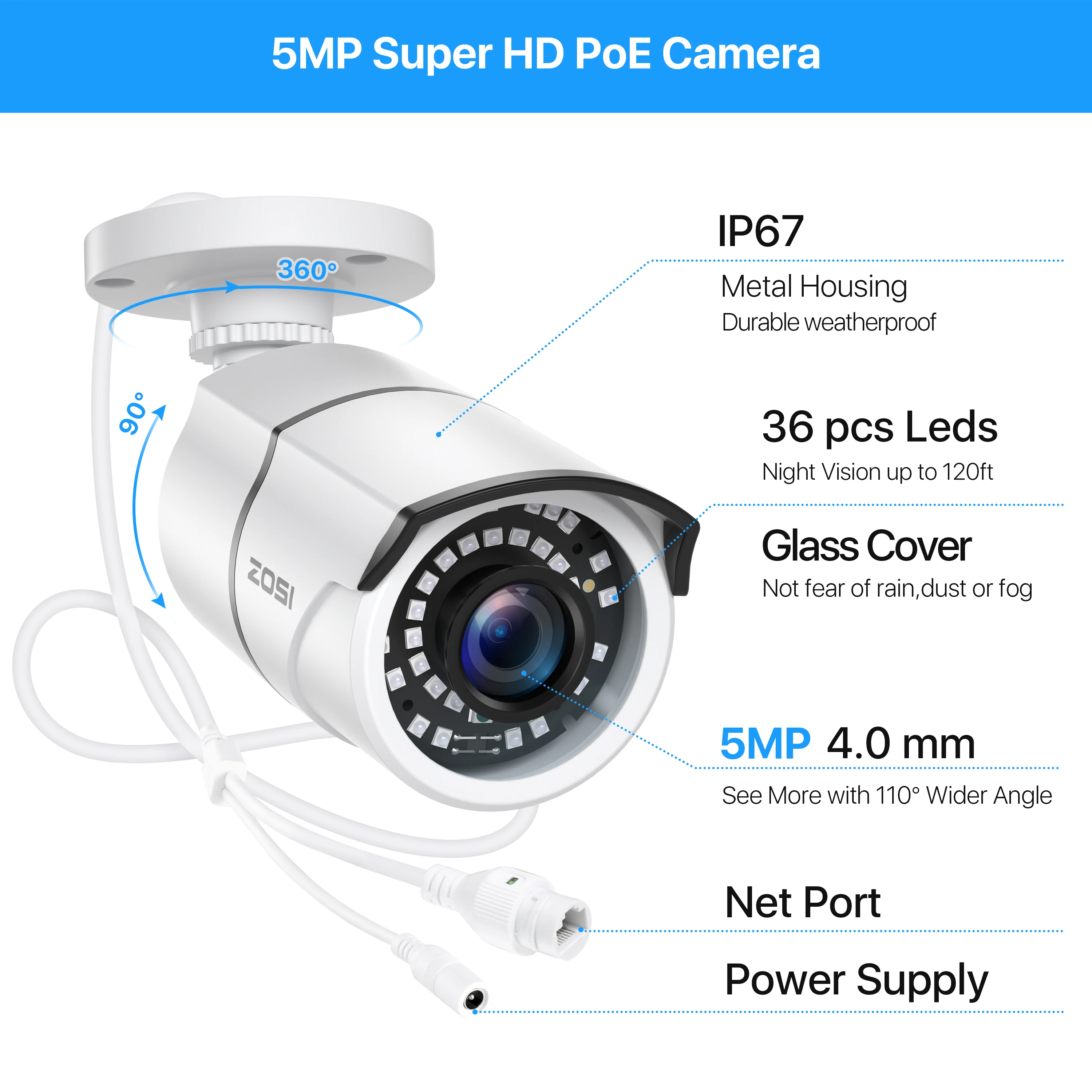 ZOSI PoE Ip 5MP HD Ngoài Trời Chống Nước Hồng Ngoại 36M Tầm Nhìn Ban Đêm An Ninh Giám Sát Video