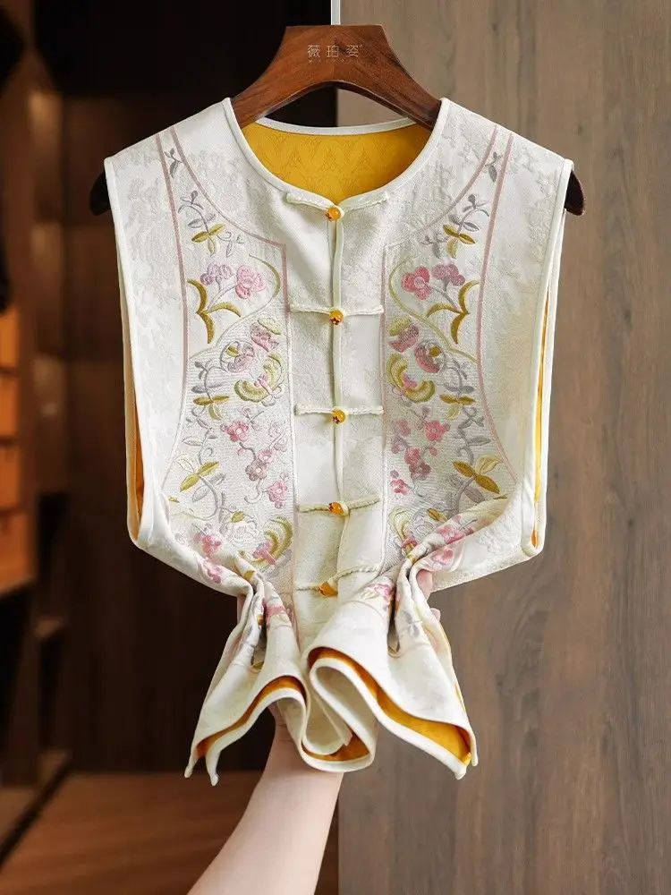 المطرزة الحرير الحرير سترة المرأة جولة الرقبة العرقية نمط التطريز أكمام أعلى الصينية الوطنية