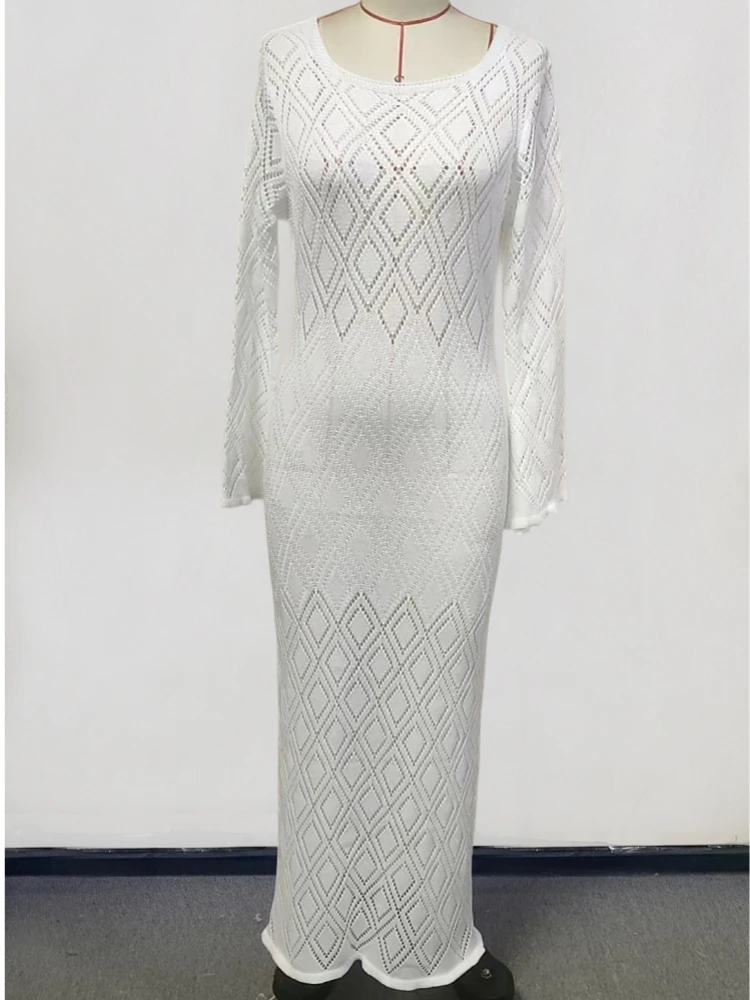 

Sexy Women Long Knit Beach Dress Hollow-Out O-Neck Long Sleeve Bikini Cover-Ups Dress Fall Holiday Dress 2026 Summer Cover Up