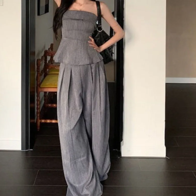 Slim Fit Sleeveless Tube Top Fashion Suit Women's Summer Gray Casual Wide-leg Pants Two-piece Set