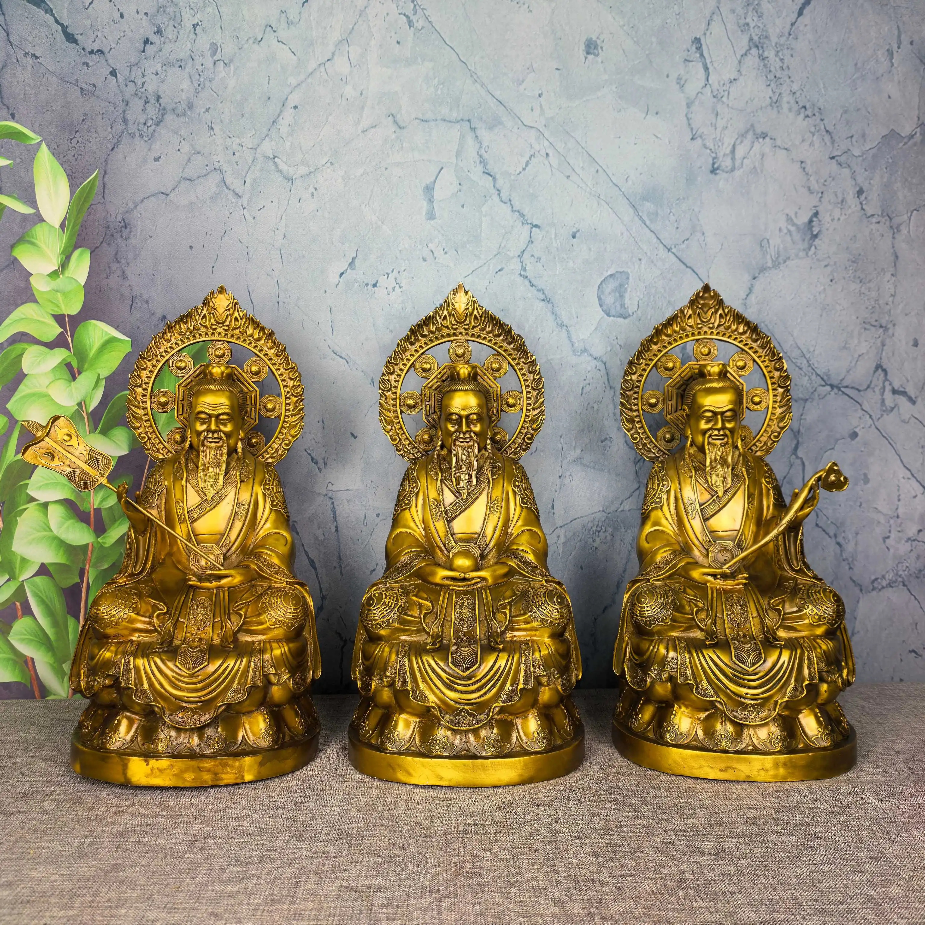 Old Brass Taoism primogenitor Three immortals Three Pure Ones Sitting statue Worship Hall Town house Exorcism