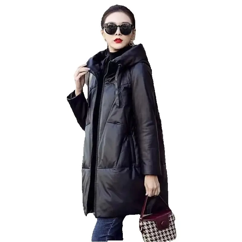 

Одежда из искусственной кожи средней длины без трещин, хлопковая одежда для женщин, зима 2022, новый стиль, утолщенное свободное пальто с хлопковой подкладкой