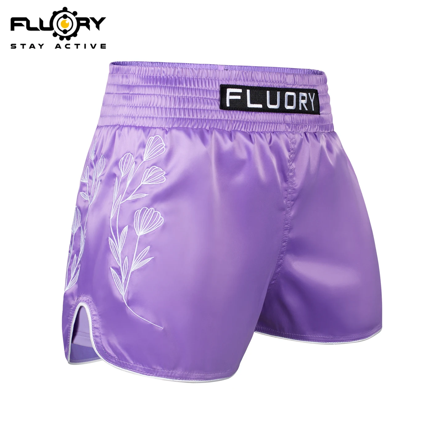 FLUORY Purple Embroidered Muay Thai Shorts with Back Pants, Anti glare Pocket Boxing Pants, Yoga Pants, Gym Training Shorts