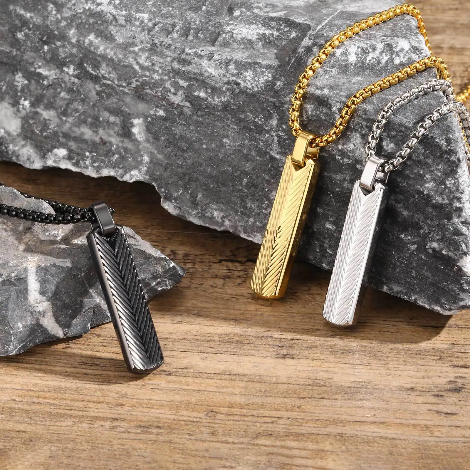 Vertikale Herren-Anhänger-Halsketten, Prägung, Strahlung, Sunburst, Edelstahl, lange Stahalsbänder, männlicher Schmuck, Geschenke für Ihn, BBF – Detail 6