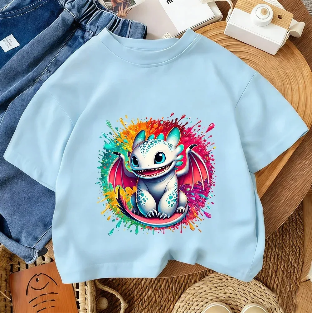 Zahnloses Kind Kurzarm-T-Shirt Jungen Mädchen Drachen-Print Pullover Jugendliche Baumwollkleidung – Detail 8