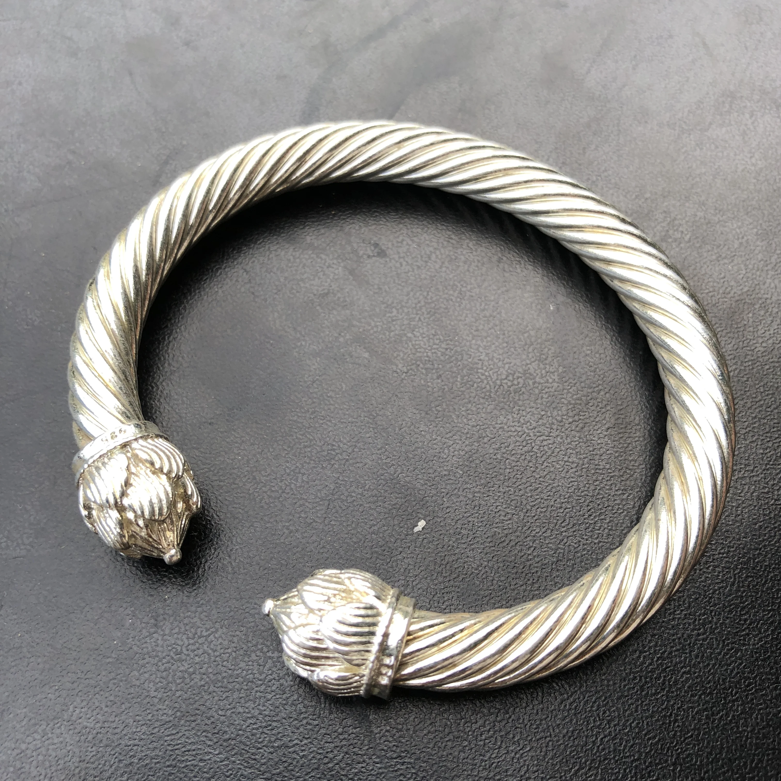Twisted Cable Open Cuff Bangle Bracelet, Vintage Silver Two Lotus Flower Ends Adjustable Ethnic Hand Jewelry for Women