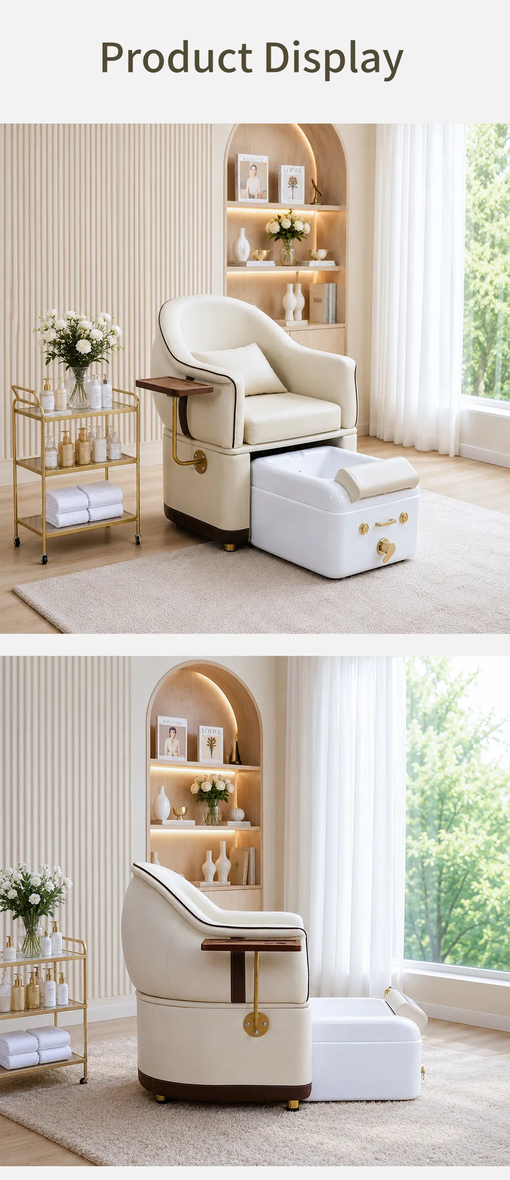 Großhandel Luxus-Pedikürestuhl mit ausziehbarem Fußbadbecken, Nagelstudio-Maniküre-Fuß-Spa-Stuhl, Beige Leder-Salonmöbel – Detail 10