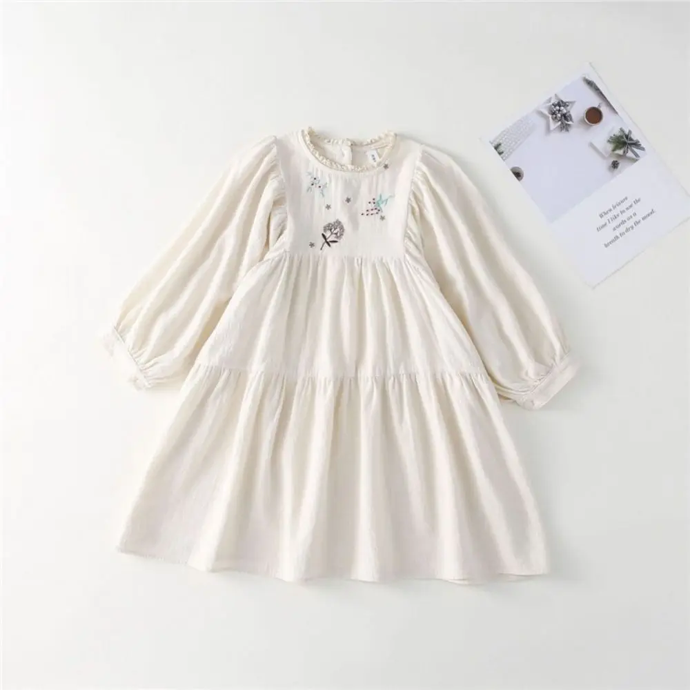 Abito da principessa in pizzo con fiori ricamati Abito lungo da ragazza allentato pieghettato Stile balletto A-line Abito da festa per bambini a maniche lunghe