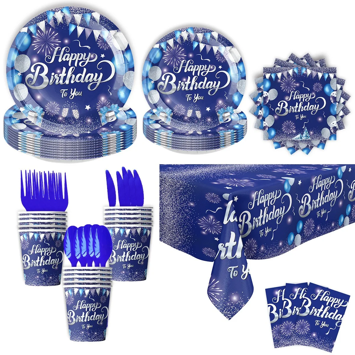 Blue Birthday Party Decorations Disposable Tableware Fireworks Balloons Banner Plates Cups Napkins Happy Birthday Party Decor