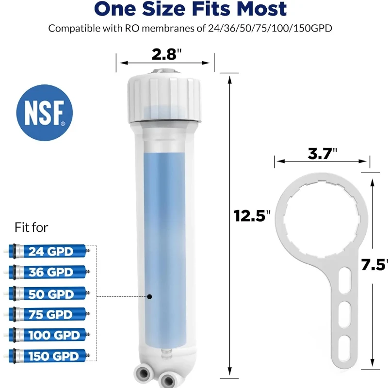 1812/2012 24-150 GPD Reverse Osmosis Membrane Filter Housing Replacement with Elbow Fittings, Housing Wrench, Check Valve