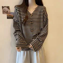 Spring and Autumn Women's Striped V-Neck Long Sleeve Single Breasted Loose Bottom Office Lady Fashion Casual Formal Tops