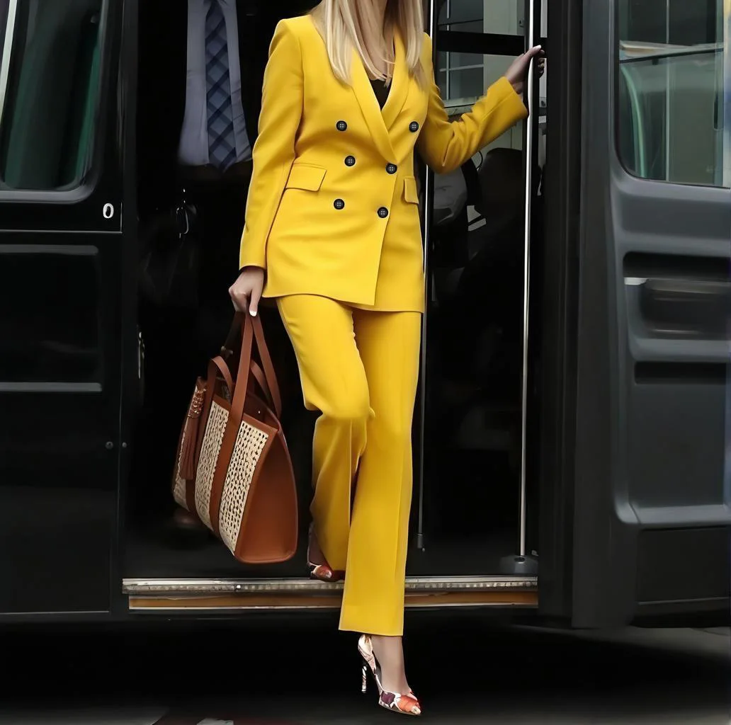 

2025 Autumn Winter New Style Women's Solid Color Fashion Long Sleeve Blazer Straight Pants 2 Piece Yellow Suit Set