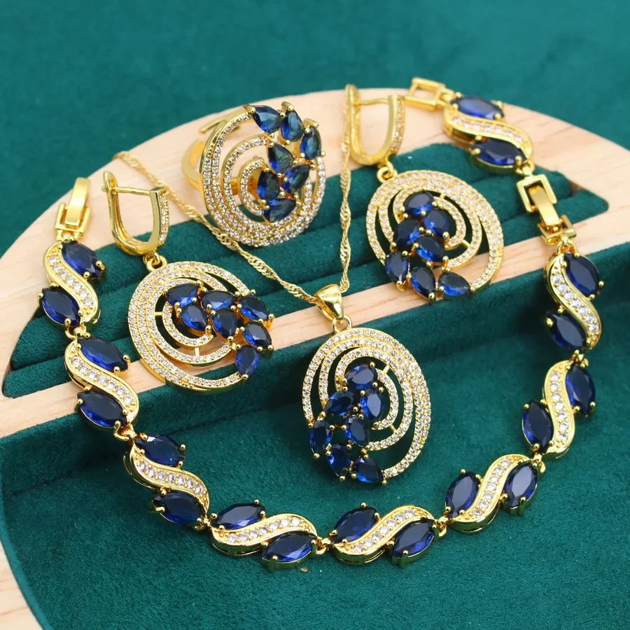 New Arrivals Noble Golden Color Wedding Jewelry Sets for Women Bride Blue Zircon Bracelet Earrings Necklace Pendant Open Ring