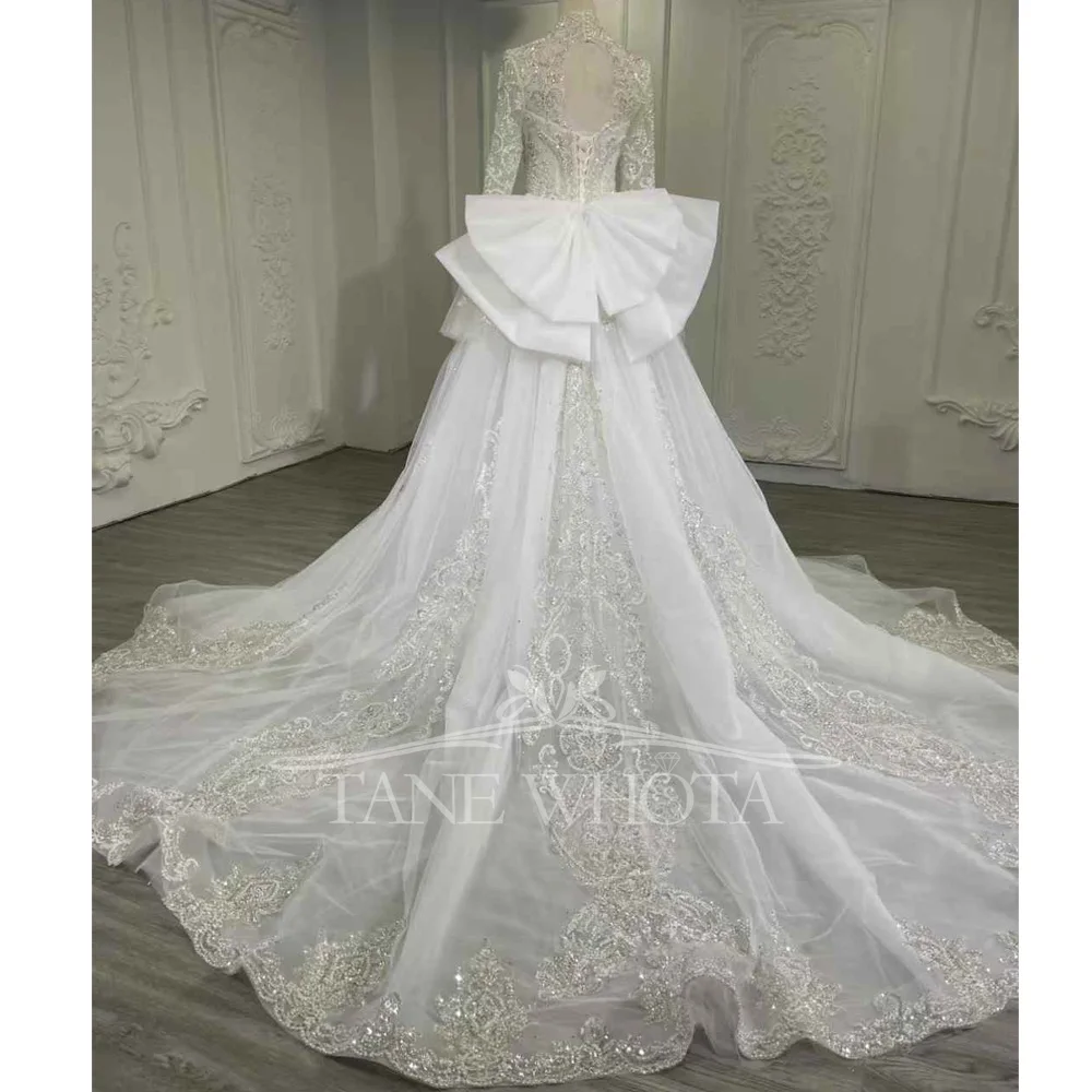 Abito Sposa High Long Sleeve Lace Up Keyhole Back Wedding Dress Detachable Train Crystal Embroidery Bow Classic Bridal Dress