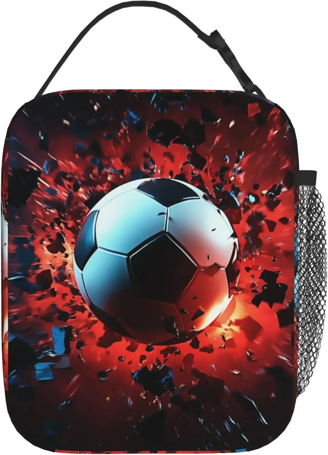 Sports Lunch Box with Soccer Pattern Print Blue Insulated Lunch Bag Ice Packs Containers Tote Handbag with Water Bottle Holder