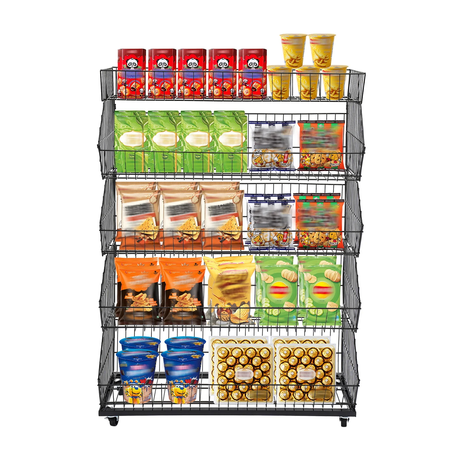 

5-tier Black Thicken Retail Display Rack Rectangular Market Shelf Fruit Vegetable Snack Basket with 4 Pulleys