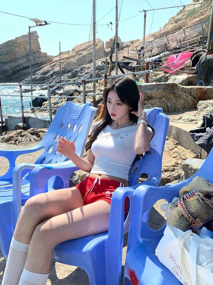 Cseta de Manga Corta con Encaje Dulce y Picante Estilo Americano para Mujer, Top Corto Ajustado con Lazo de Mariposa y Dis...