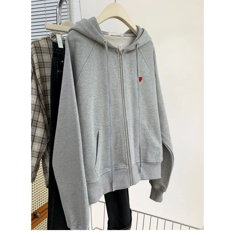 Grijze rits geborduurd lui sweatshirt met capuchon lente herfst nieuwe losse vest jas top