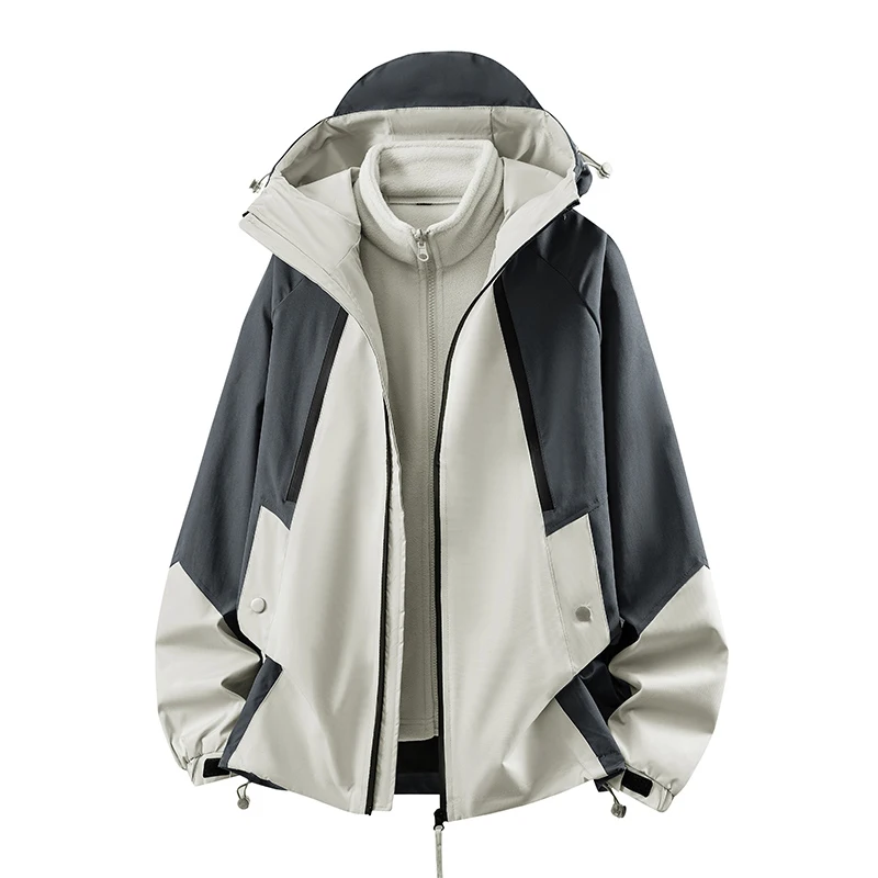 Unisex 3‑in‑1 Color Block Hiking Hooded Jacket Detachable Coat Windproof Waterproof Wear‑Resistant Loose Warm Outdoor Coat