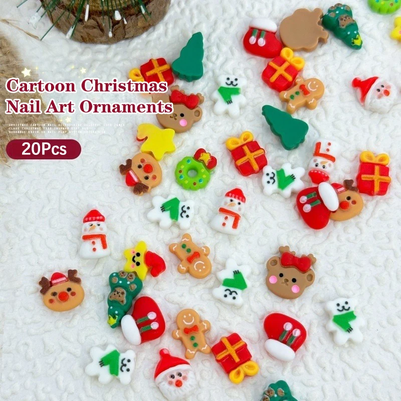 20Pcs Mixed 3D Cartoon Resin Christmas Series Nail Charms Cute Snowman Santa Claus Gift Festival Nail Art Decoration