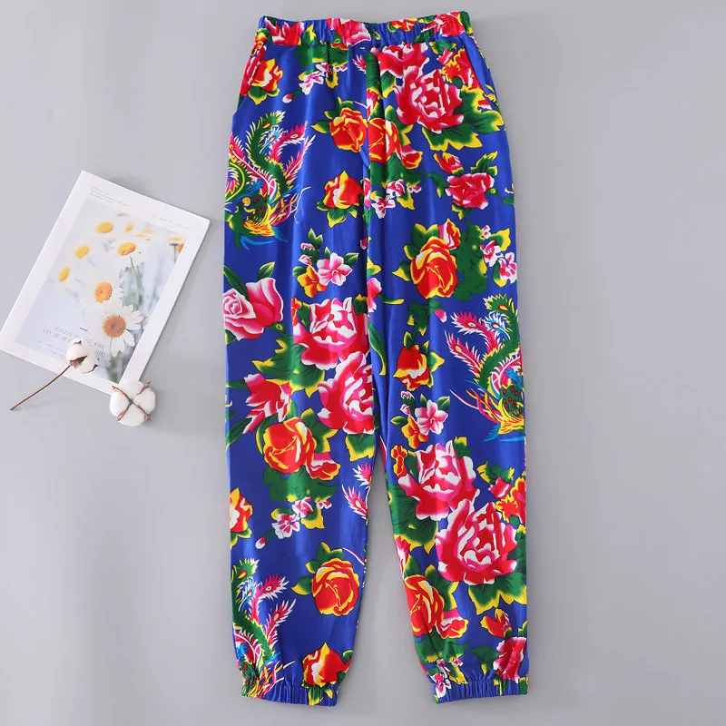 Mulheres homens floral impresso harem calças largas étnica chinesa baggy fantasia unisex traje desempenho corredores moletom