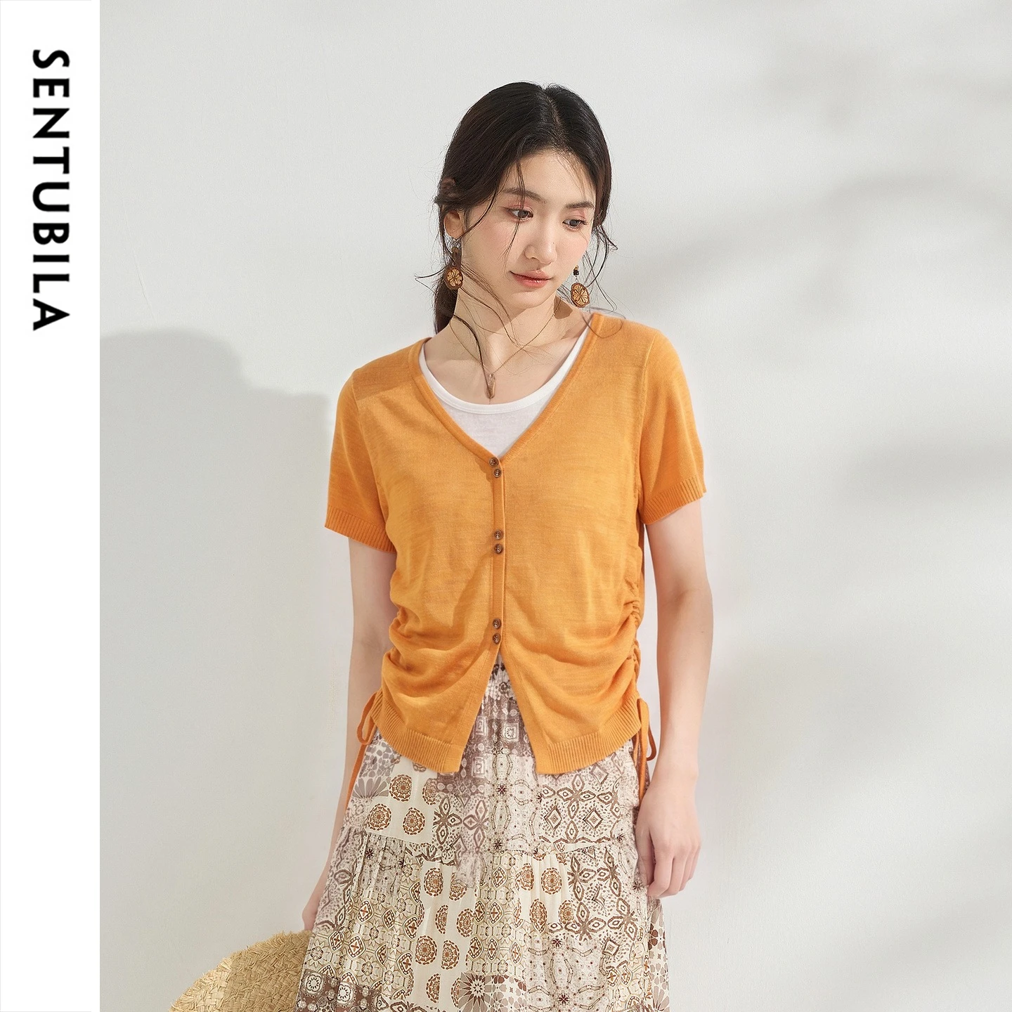SENTUBILA Fake Two Piece Knit Sweater Women Autumn Color Block Spliced V Neck Drawstring Waist Split Hem Pullover Tops W62HD8025