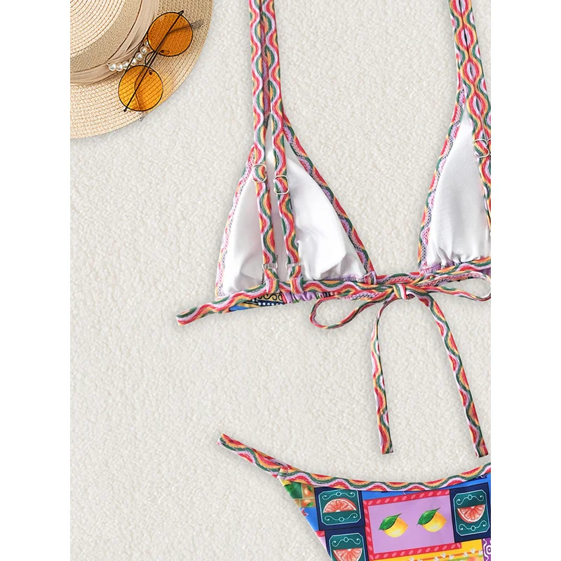 Neue Weiche Tasche Gedruckt Brust Metall Dekoration Dünnen Riemen Neckholder Krawatte Party Bikini Set Sommer Sand