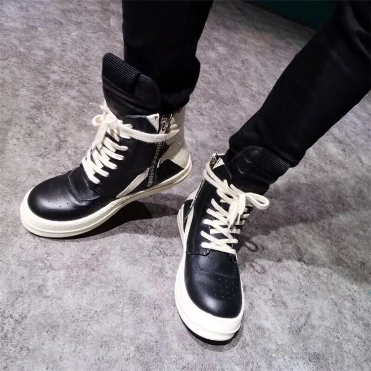 2024 RRICOWEES Autumn Winter Luxury Men Shoes High Top Shoes Black White Inverted Triangle Shoes Cowhide Thick Sole Couple