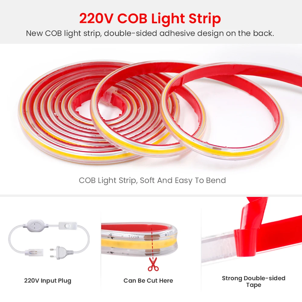 220V COB LED Strip 220V Flexible LED Tape with Adhesive Tape 288LEDs High Density Linear Light Waterproof COB Light Switch Plug