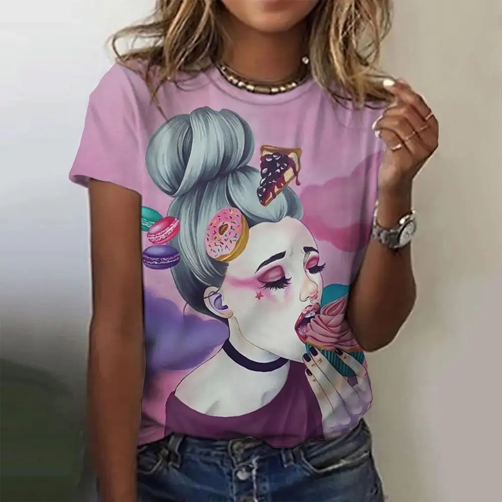 Personagens de desenhos animados das mulheres imprimem camiseta, Harajuku Vintage, camiseta de manga curta, camiseta engraçada com o pescoço O,