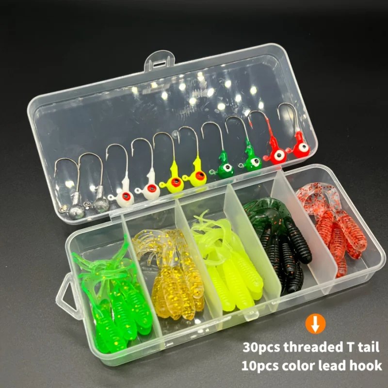 Ensemble de 40 leurres souples : 30 leurres en spirale à queue en T + 10 têtes de jig colorées, leurres artificiels, micro-têtes de jig pour vers souples