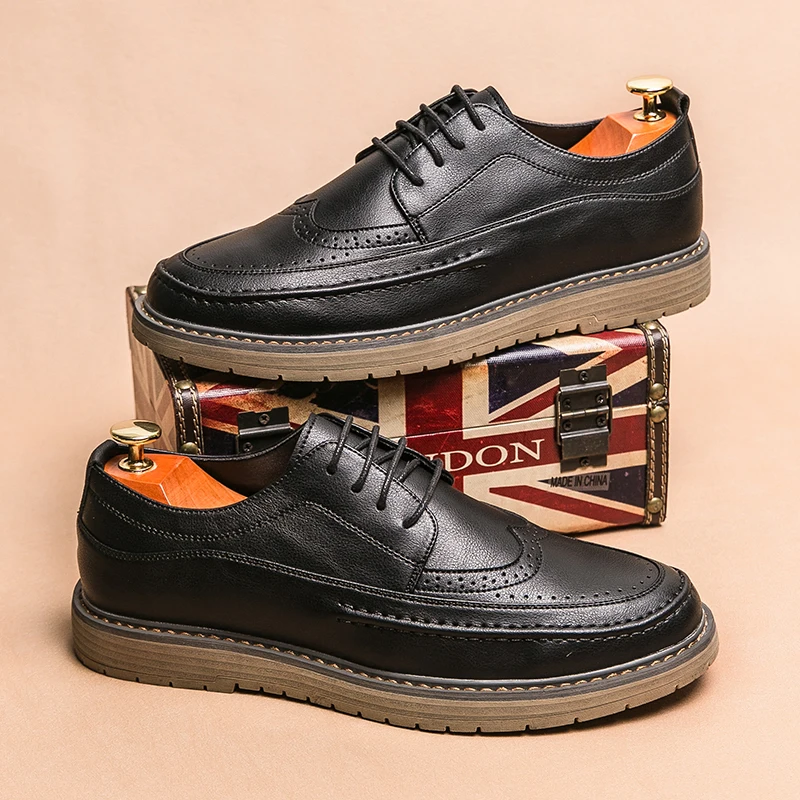 

Brand Men's Black Leather Brogue Shoes Lace Up Thick Sole Comfortable Breathable Casual Thick Sole Business Male Oxford Shoes