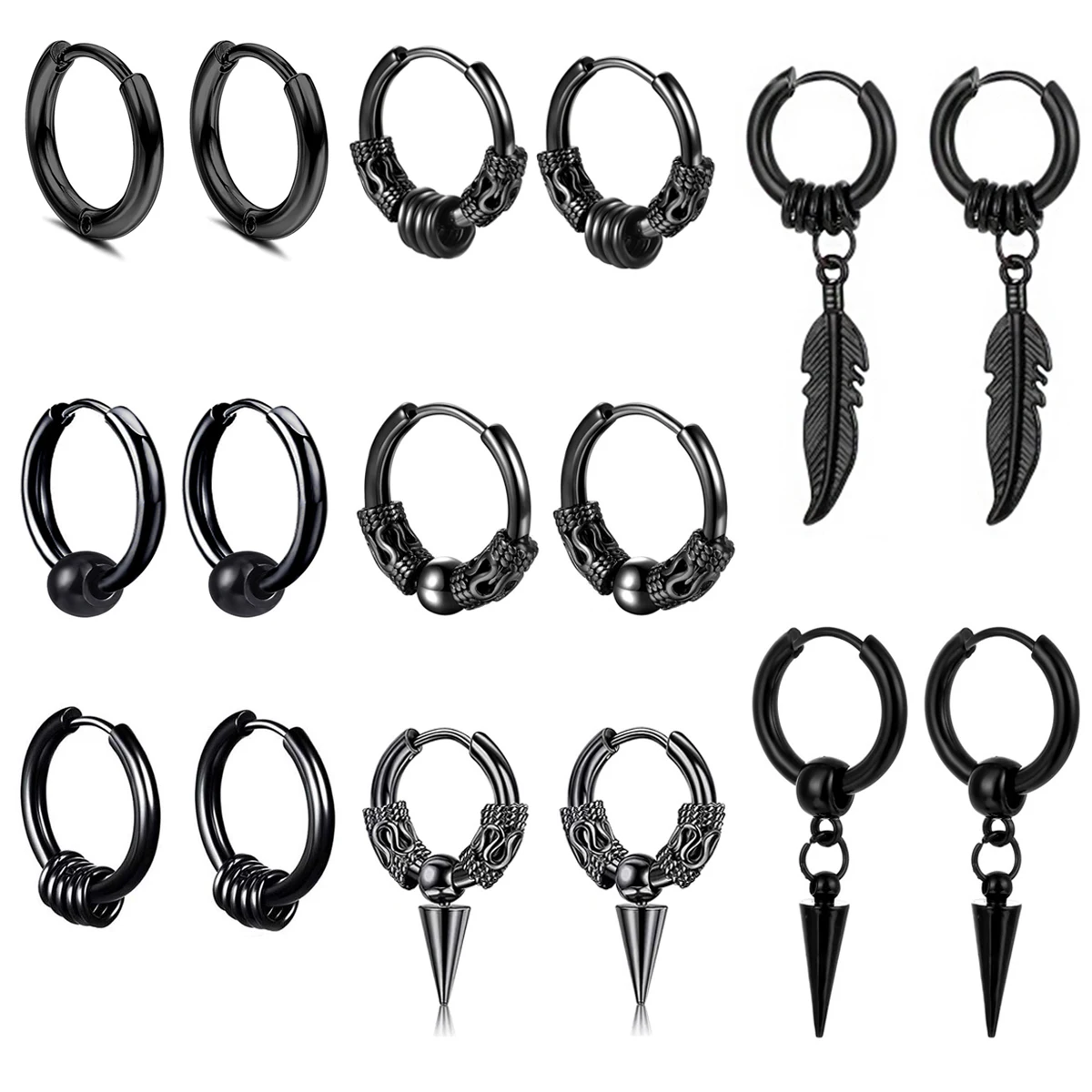 1pair Simple Punk Style Stainless Steel Viking Round Circle Cone Feather Totem Huggie Hoop Earrings for Men Women Ear Jewelry