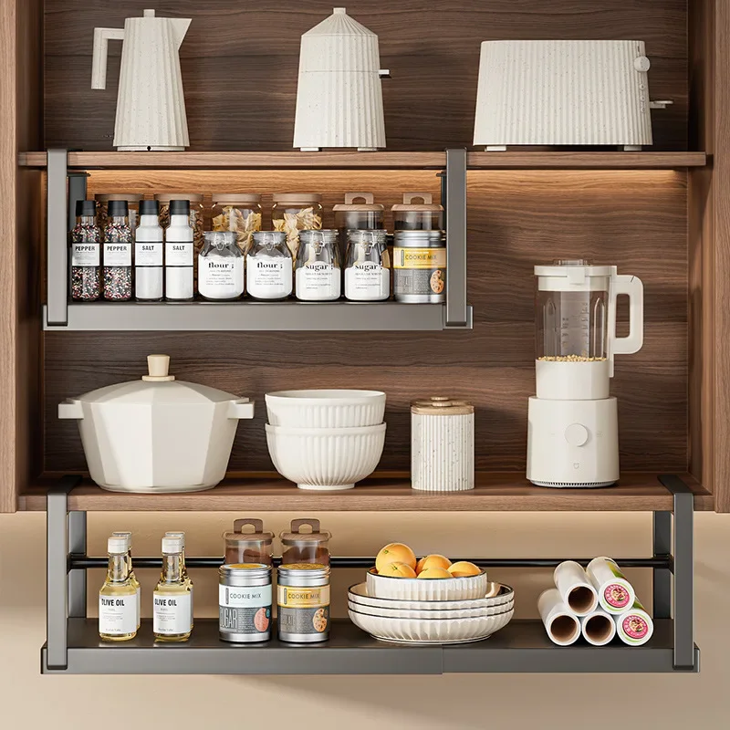 Multi-functional Retractable kitchen cabinet lower hanger layered hanging basket kitchen rack