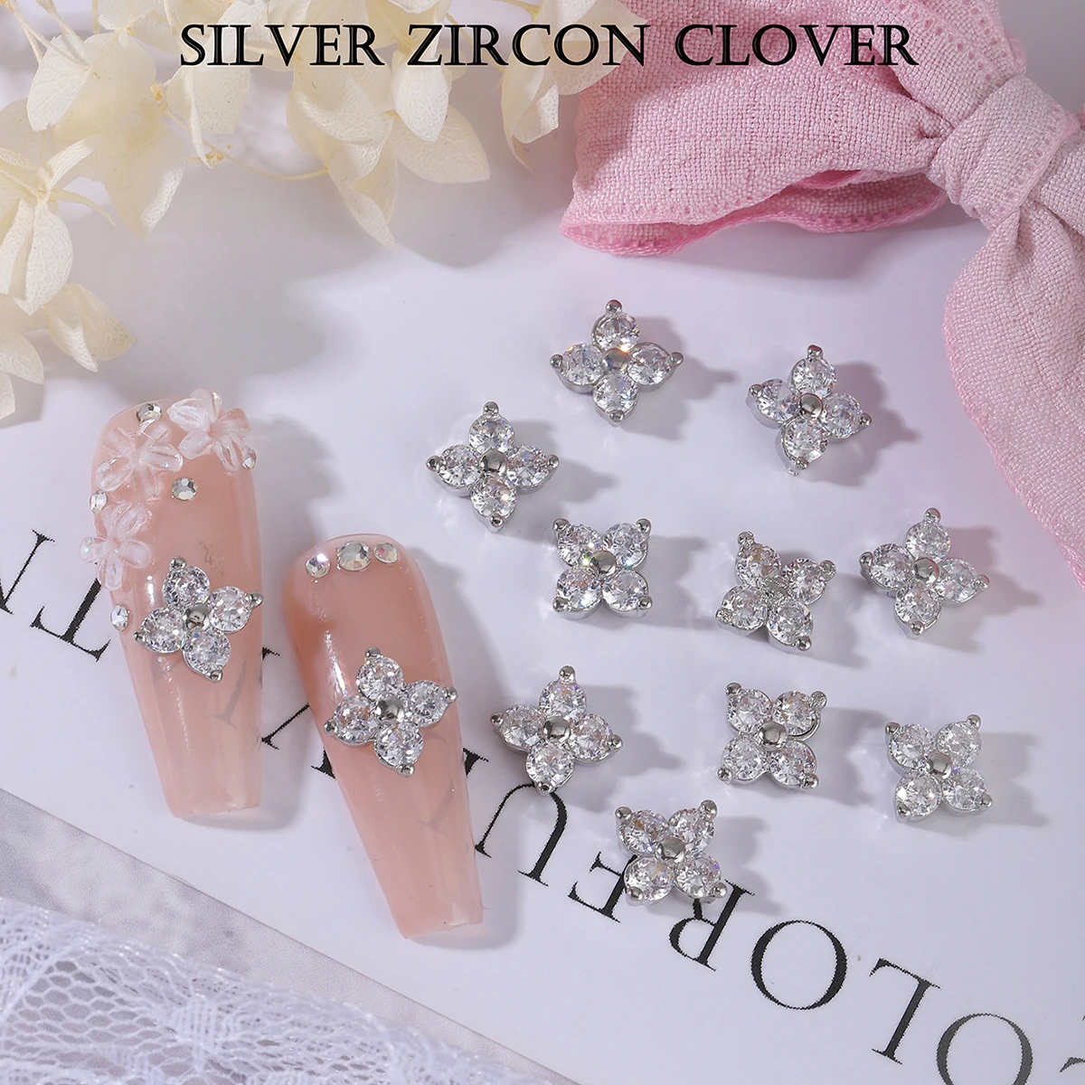 6 pcs Japanese Zircon nail light luxury wind with diamond color four-leaf clover copper with zirconium texture nail decoration