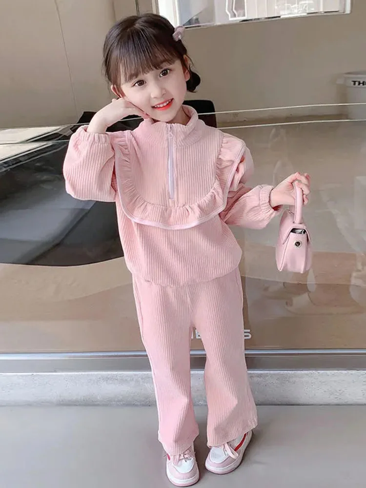 Girls Corduroy Lotus Leaf Conjuntos Half Zipper Stand Collar Children Tops Baggy Straight Pants Outfit Sweet Kids 2 Piece Sets