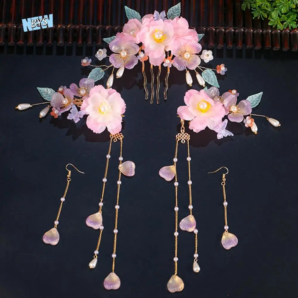

Ancient Style Chinese Style Hairpin Set Tassel Pearl Hanfu Hair Stick Earrings Hair Chopstick Flower Hair Comb