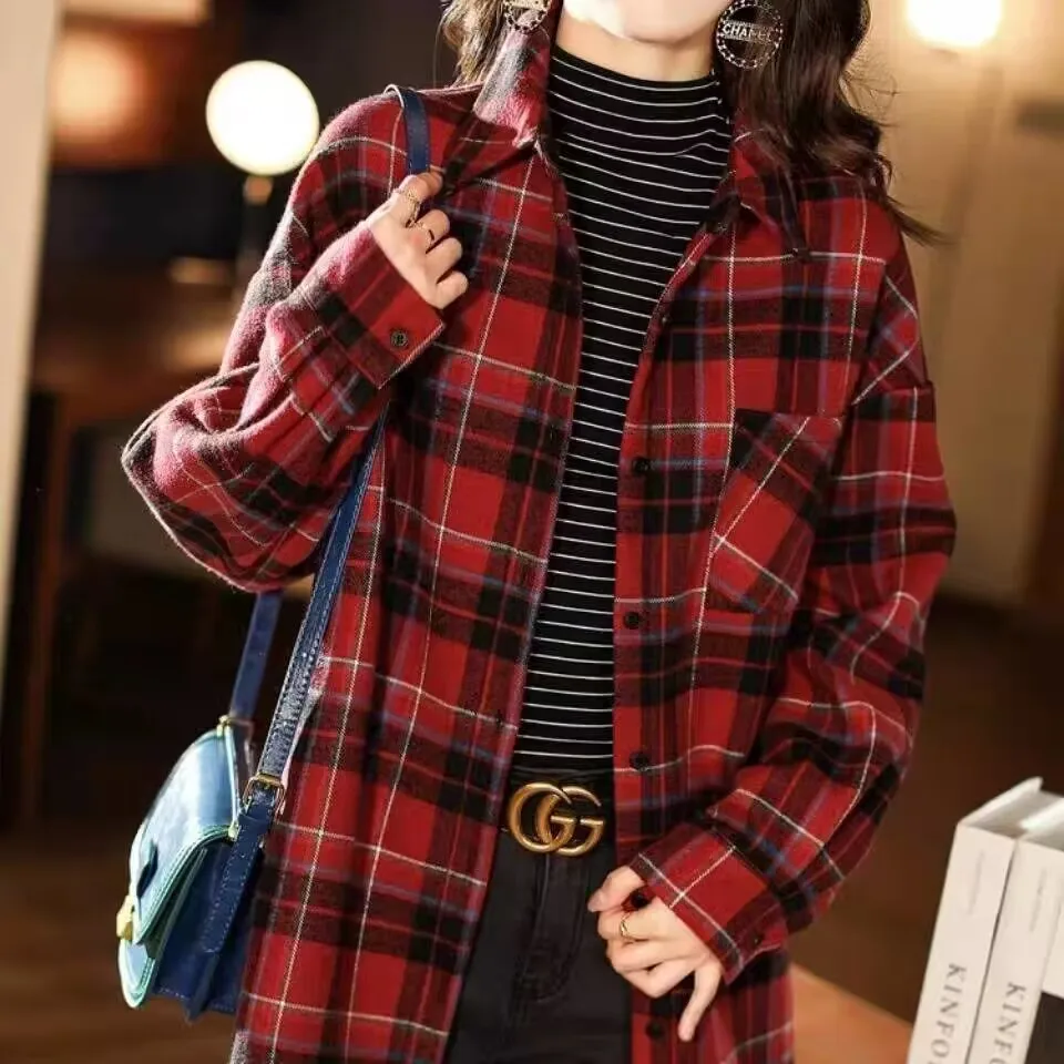 

Женское пальто в клетку в стиле ретро Long Sve irt Red And Bla, повседневное свободное пальто большого размера, осенний сезон