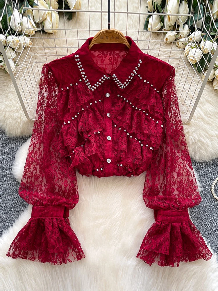 

Women French-style Shirt Beaded Diamond-encrusted Irregular Ruffle Lace Shirt Long-sleeved Fungus Blouse Female Top BL303