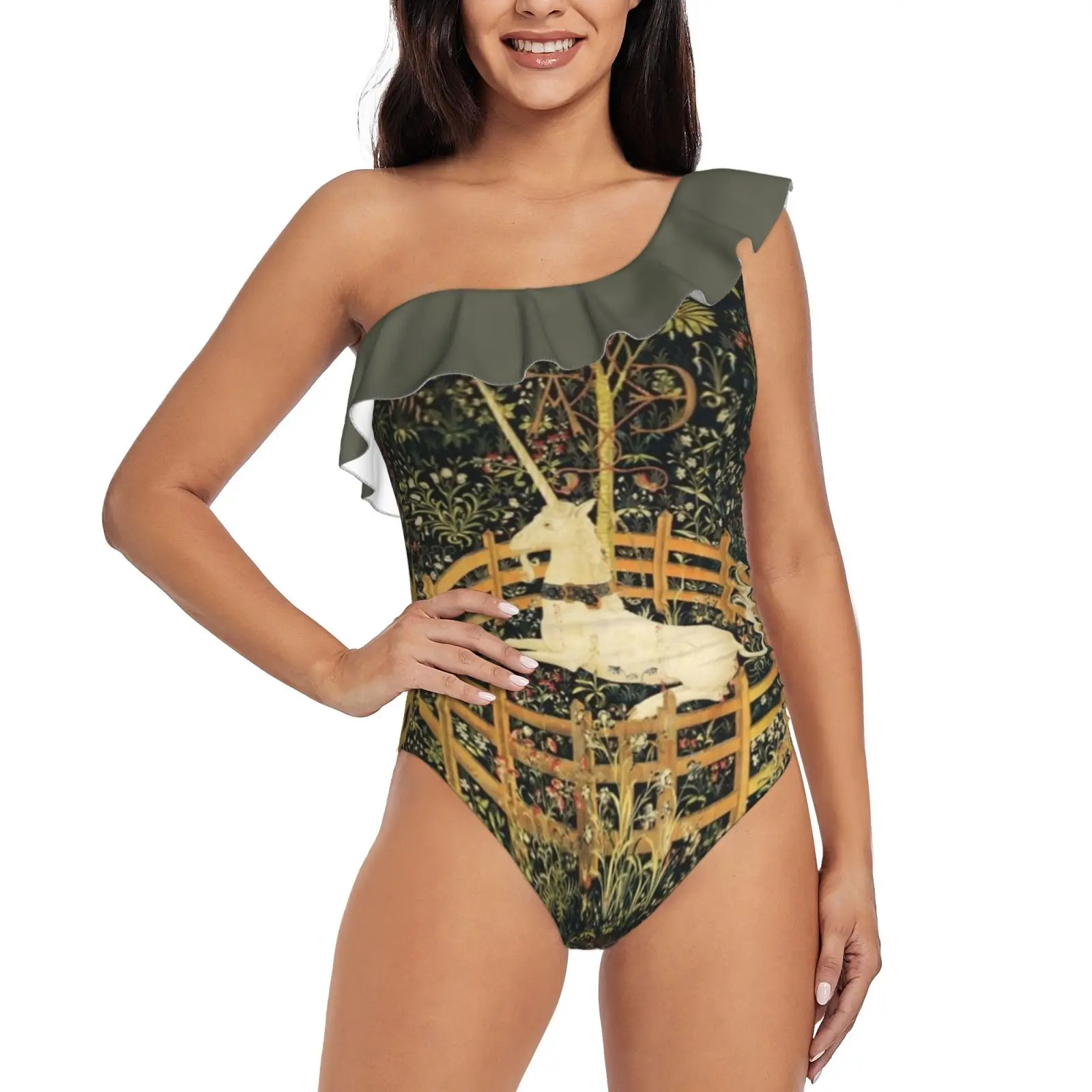 

Unicorn And Gothic Fantasy Flowers , Green Floral Motifs One Shoulder Ruffle Swimsuits Sexy One Piece Swimsuit Women Swimwear