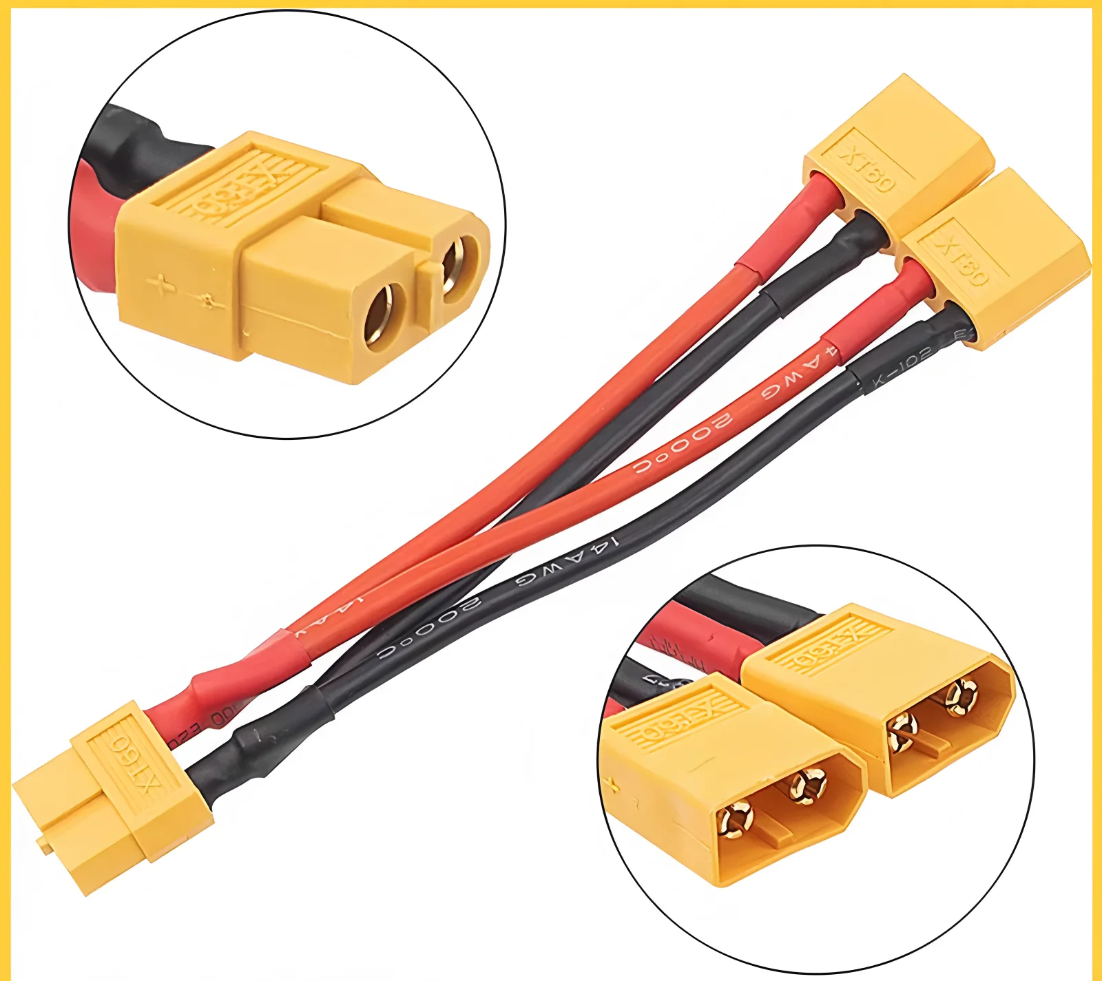 2PCS XT60 Parallel Battery Connector Male/Female Cable Dual Extension Y Splitter/ 3-Way 14AWG Silicone Wire for RC Battery Motor