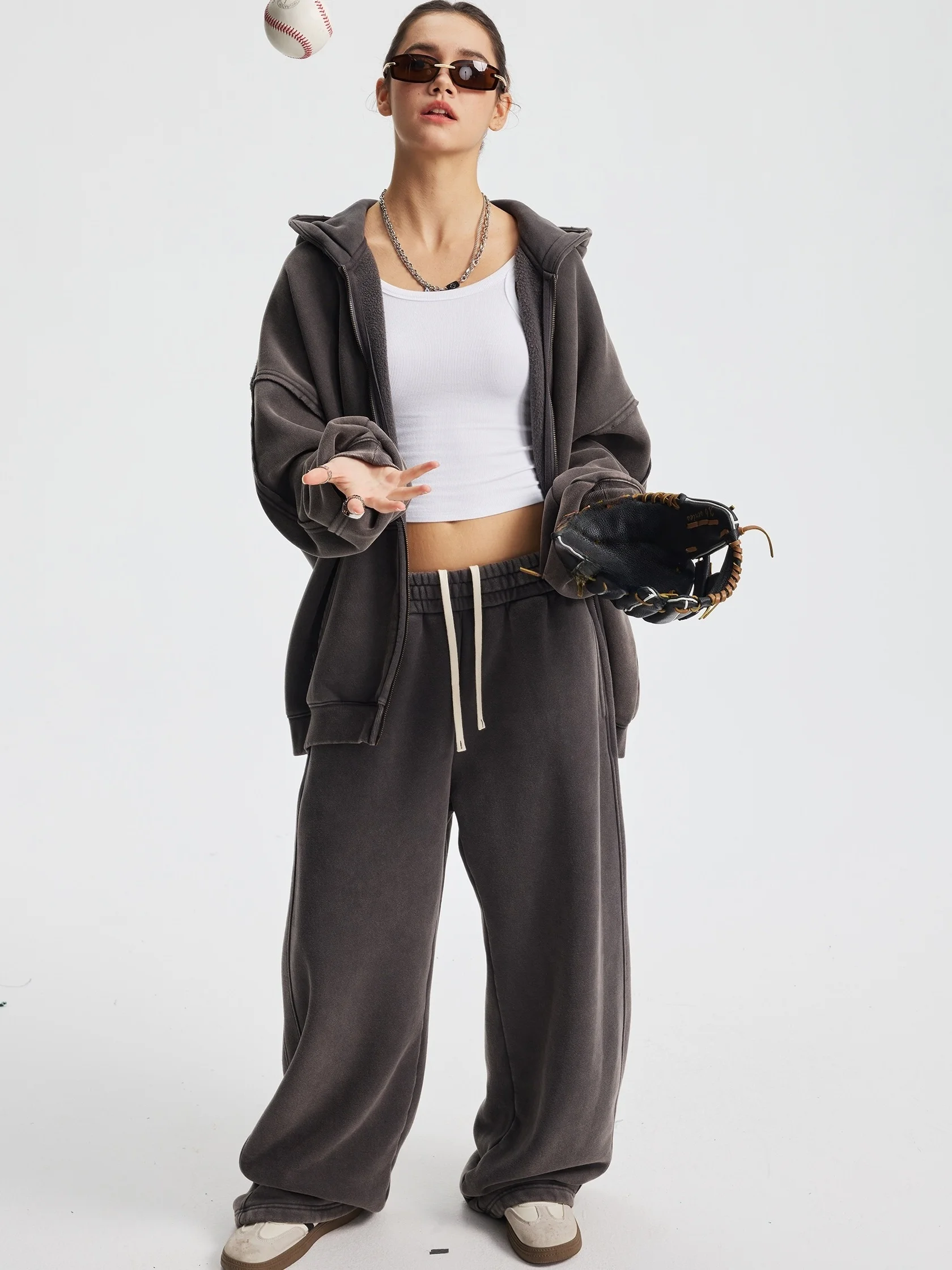 

Американская толстовка с капюшоном на молнии, комплект из двух предметов, модные повседневные широкие спортивные штаны Cleanfit, молодежные зимние длинные брюки све