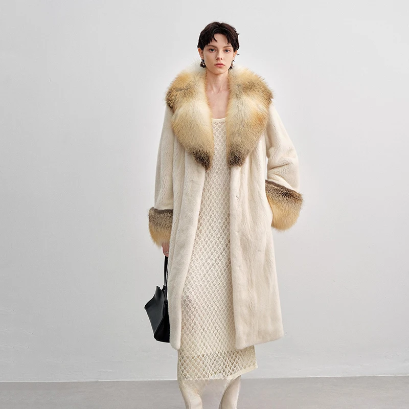 Ftangaiur Winter Import Velvet Mink Fur Coat Big With Fox Fur Collar Sleeve Mink Coat Women X-Long Natural Real Mink Fur Coats