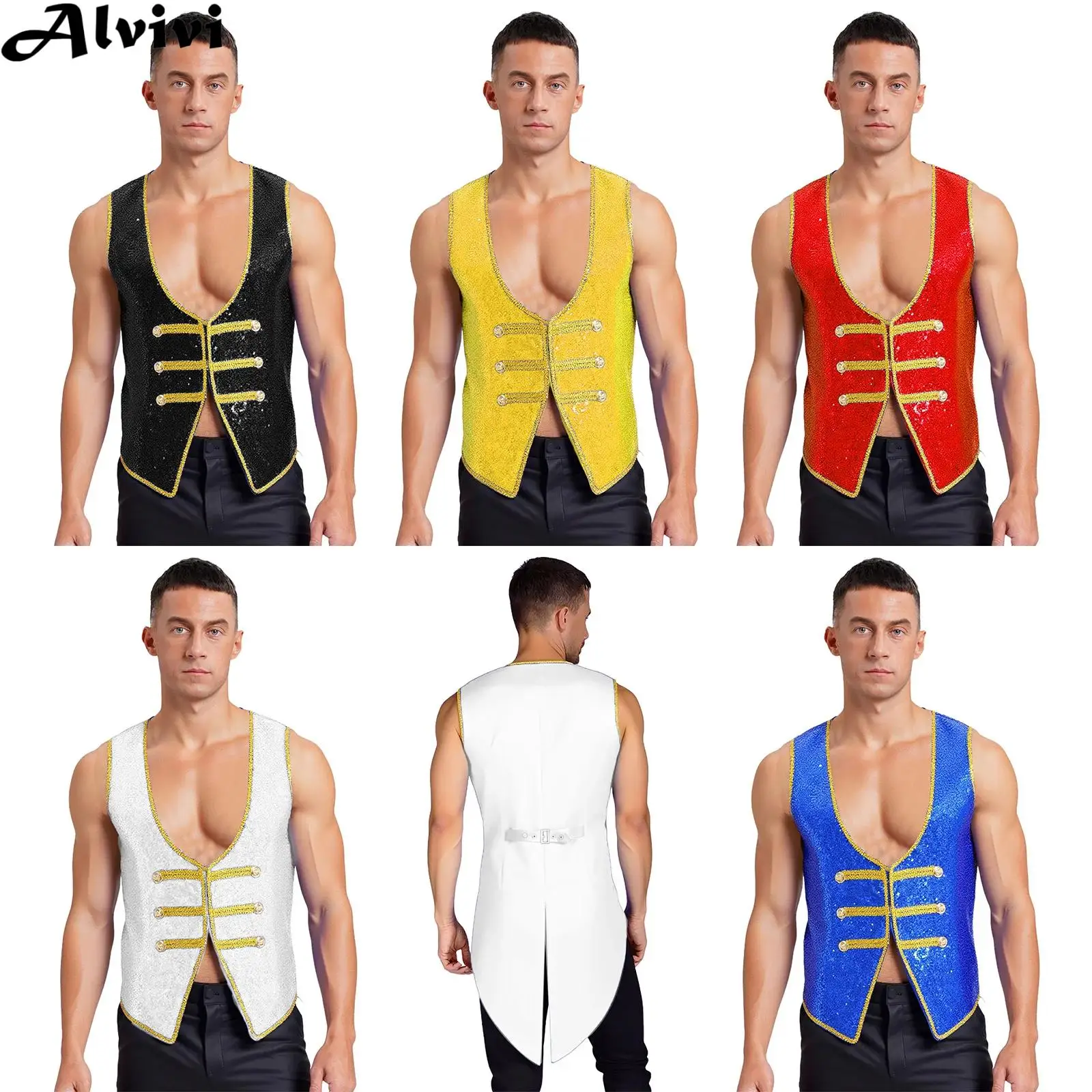 Chaleco de lentejuelas brillantes para hombre, chaleco, frac, Fiesta Temática de Halloween, Carnaval, circo, maestro de ceremonias, mago, disfraz de actuación