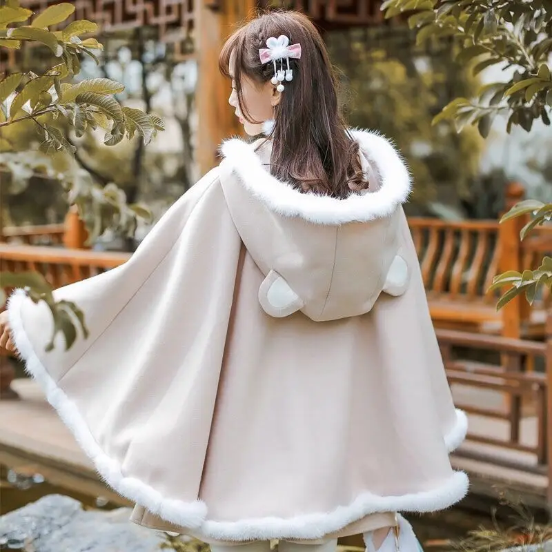 2024 Autumn Winter Women Sweet Lolita Cloak Cute Bear Ear Hooded Outwear Kawaii Clothes Chinese Buckle Button Up Neck Cloaks