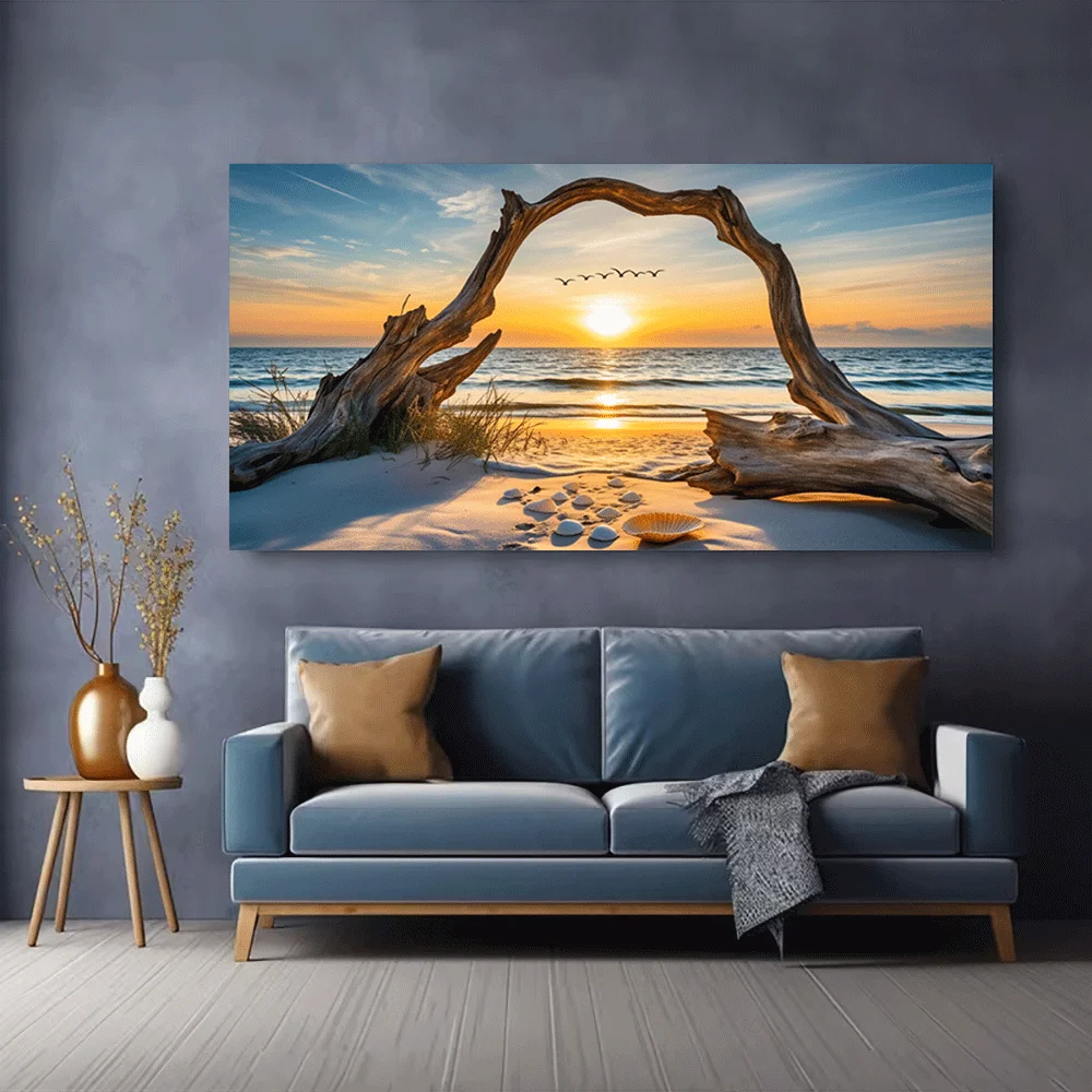 1PC-Canvas poster Unframed  Sunset Beach Driftwood Heart Frame Ocean View Seashells Sky Birds Nature Art Print