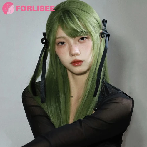 Imagen 2 del producto FORLISEE-Peluca de Cosplay con flequillo para mujer, pelo liso sintético de 20 pulgadas de largo, resistente al calor, color verde fruta