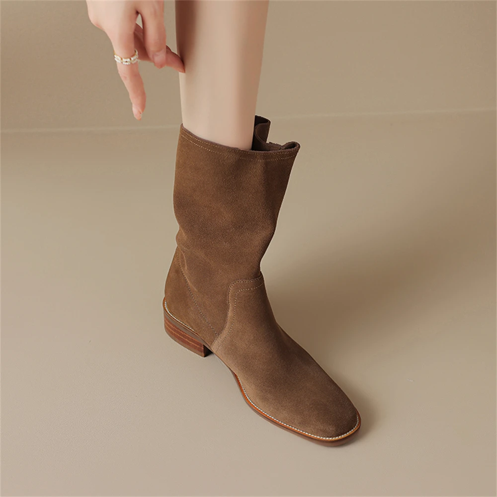 FEDONAS New Mid Calf Boots Women Cow Suede Western Boots Autumn Winter Half Boots Ladies Retro Belt Buckles Shoes Woman Boots